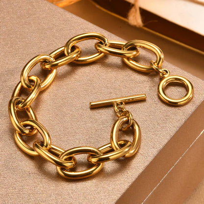 Chunky Bold Toggle Bracelets for Women, Stainless Steel OT Buckle Link Chain Bracelet Gold Plated Tarnish Free.