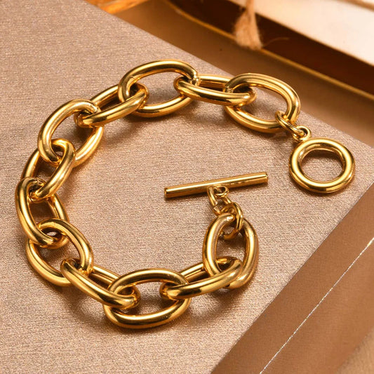 Chunky Bold Toggle Bracelets for Women, Stainless Steel OT Buckle Link Chain Bracelet Gold Plated Tarnish Free.