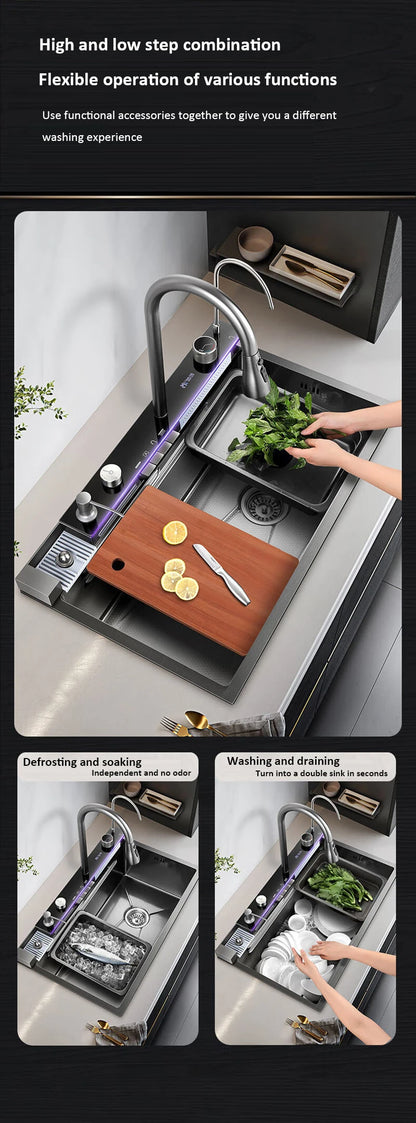 Whale style kitchen sink digital display flying rain waterfall stainless steel dishwashing pool vegetable washing basin multifun