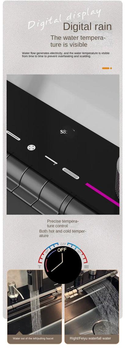 304 Edelstahl Wasserfall Küchen spüle große Einzels chlitz integrierte Digital anzeige Wasserhahn Set Seifensp ender Tasse Waschmaschine
