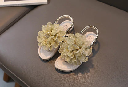 Girls Sandals 2023 Summer New Bling Flowers Baby Children Fashion Soft Bottom Student Shoes Kid's Slippers Pink Flats Flip Flops.