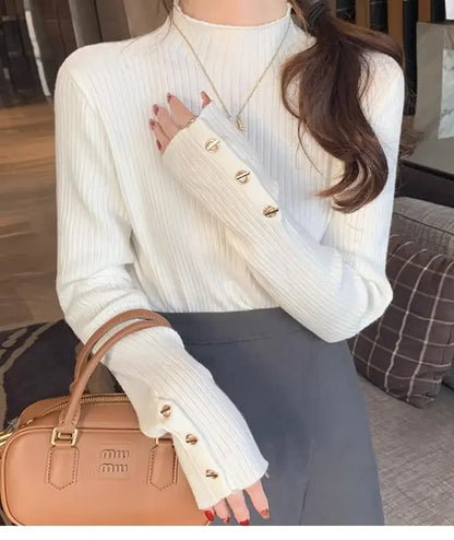 2025, weibliche Casual Tops Pullover Frauen Herbst Winter Gestrickte Dünne Pullover Feste Taste Volle Hülse Halb Hohen Kragen Pullover
