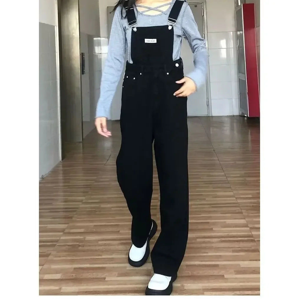 High Waist Wide Leg Jumpsuit Jeans Thin Strap Pants Korean Style Winter New Women's Loose Fit Trousers by None( AE Stock).