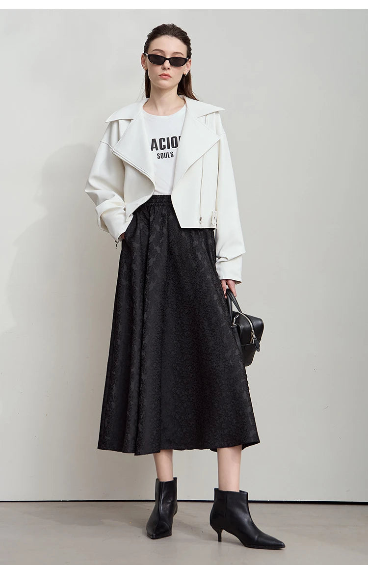 AMII 2025 Arrival Autumn Black A-line Women Skirt  Luxury Style Simple Elegant Elastic Waistband Offcial Lady Blouse 12523037.