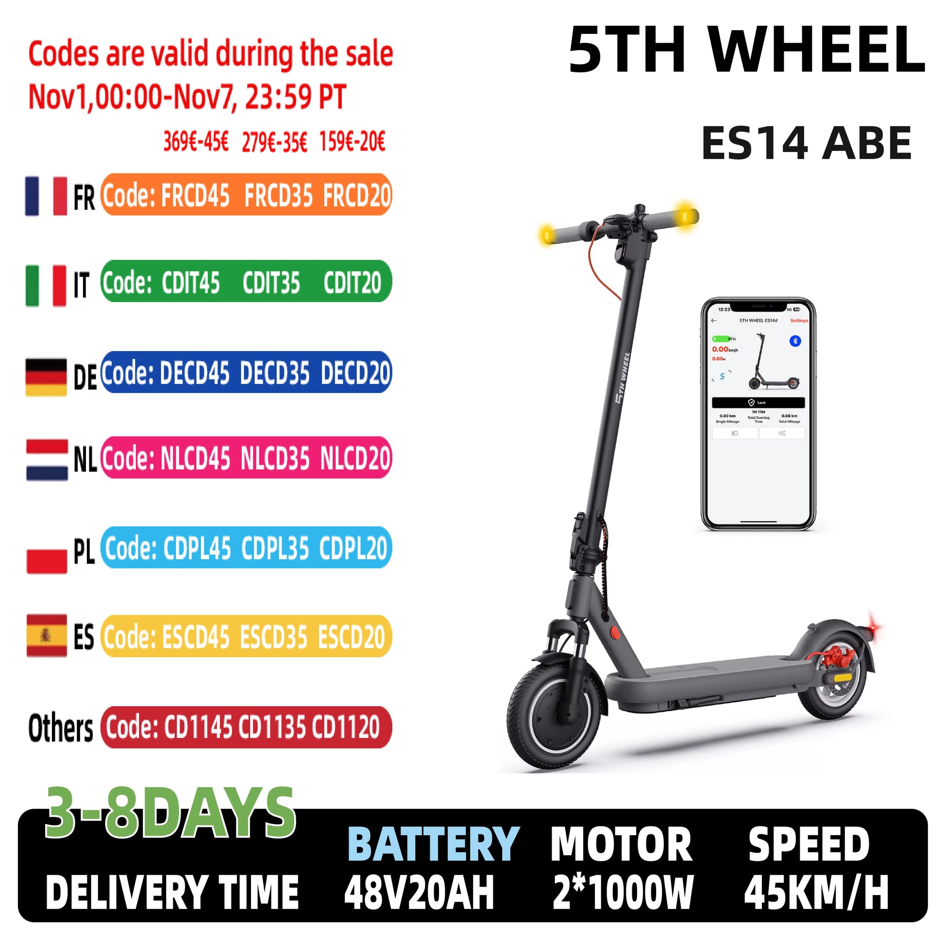 5TH WHEEL ES14 ABE Adult E-Scooter 400W Motor 48V 7.5AH  City Electric Scooter 10" Solid Tires Foldable Electric Scooter.