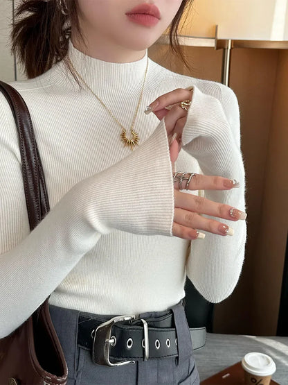 Gestricktes Hemd Frauen Pullover Pullover Bodenbildung Shirts Herbst Winter Weibliche Lange Hülse Mock Neck Elastische Dünne Pullover Stricken Tops.