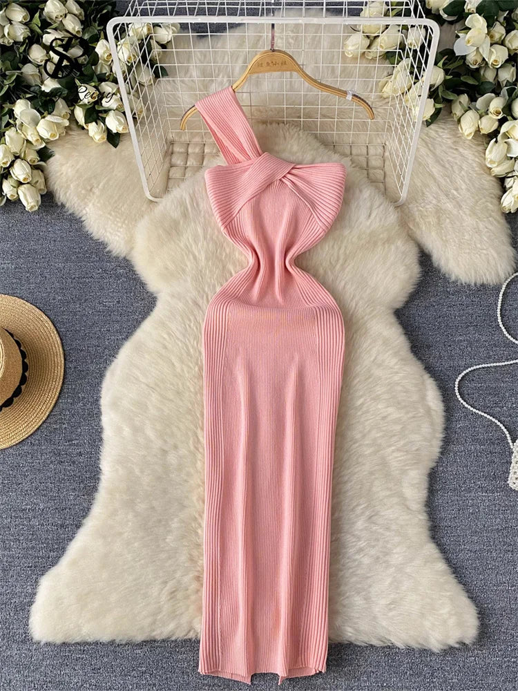 SINGREINY Einzelnen Schulter Tinte Stricken Kleid Backless Tank Gestreiften Schlank Bodycon Sommerkleid Frauen Sommer Beachwear Sexy Chic Vestidos.