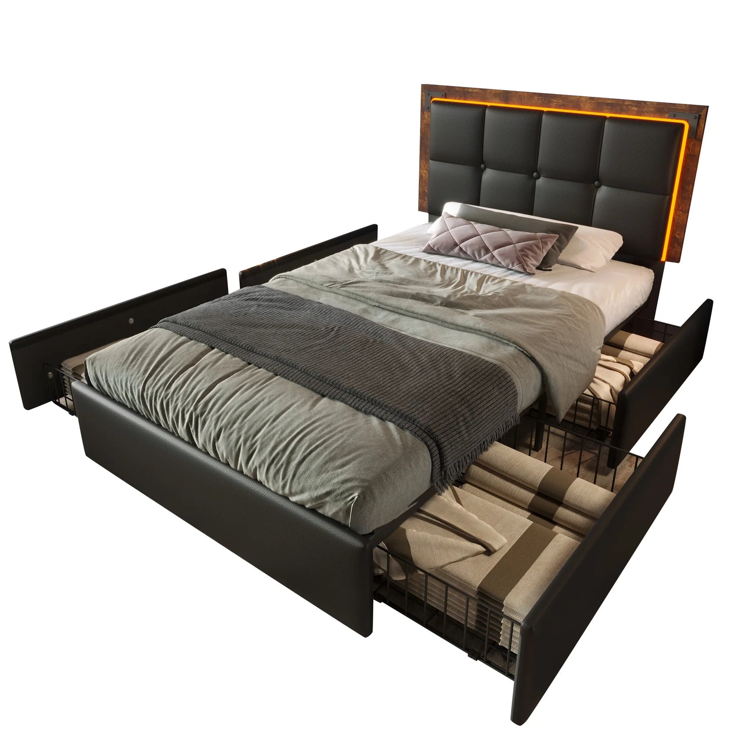 KOMHTOM Polsterbett PU - LED-Beleuchtungsleiste, 4 Schubladen, höhenverstellbares Kopfteil, ohne Matratze