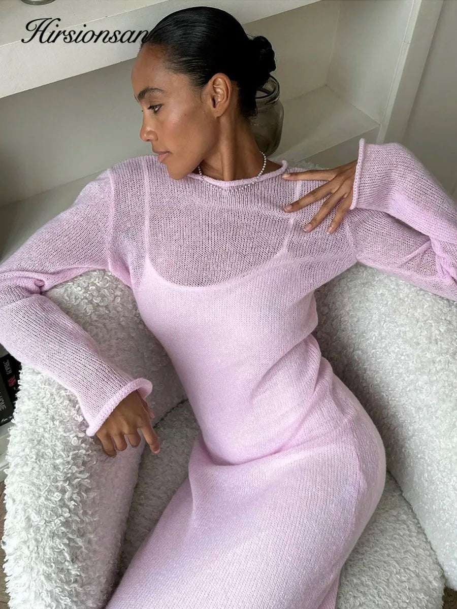 Hirsionsan Frühling Herbst Oansatz Elastische Stricken Lange Kleider Frauen 2024 Elegante Chic Weiche Dame Aushöhlung Pullover Kleider Femme Neue.