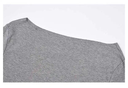 Sexy Long Sleeve T-Shirt Shoulder Bared Waist Cinched Slim Fit Knitted Cotton Solid Color Casual Urban Style for Early Autumn.