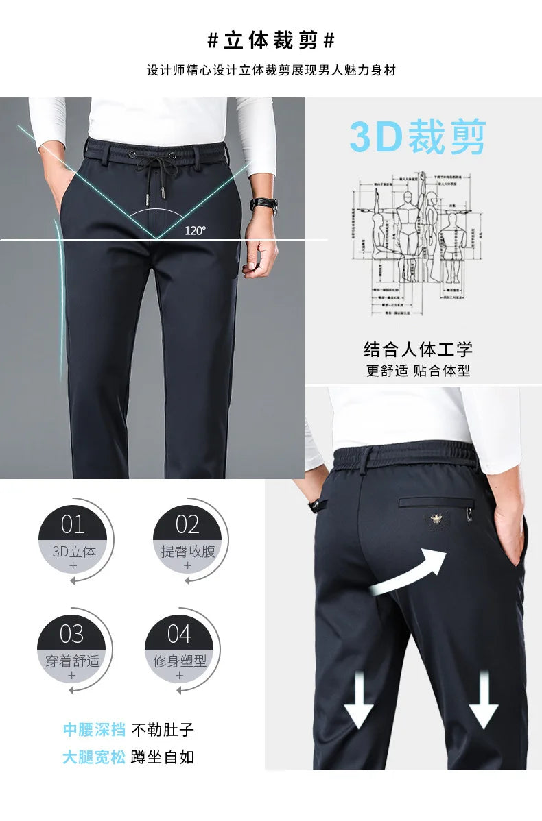 10XL Big Size Men's Summer Casual Pants Straight Fit Elastic Waist Trouser Male Classic Office Plus Large Stretch Zipper Pocket.