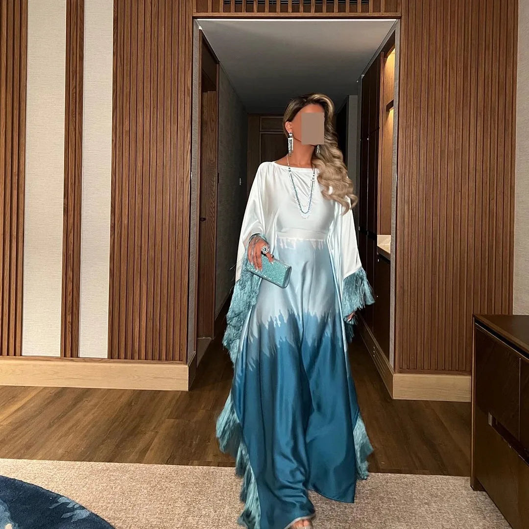 Uni Tassel Gradient Dubai Muslim Abaya For Woman O-Neck Elegant Casual Loose Moroccan Saudi Kebaya Fashion Party Dress 2025.