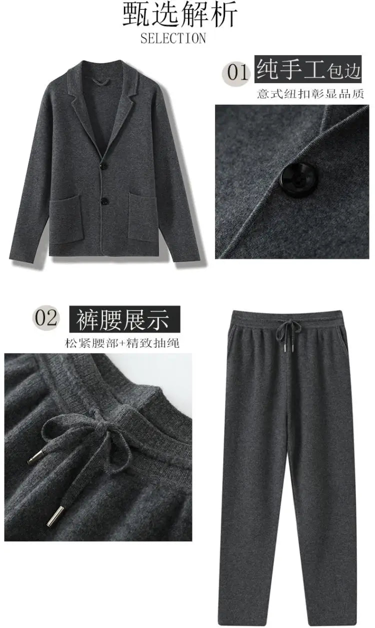 100%Cashmere Suit Men's Suit Collar Knitted Cardigan Business Casual Coat High Waisted Knitted Shorts Winter Thick Two-piece Set
