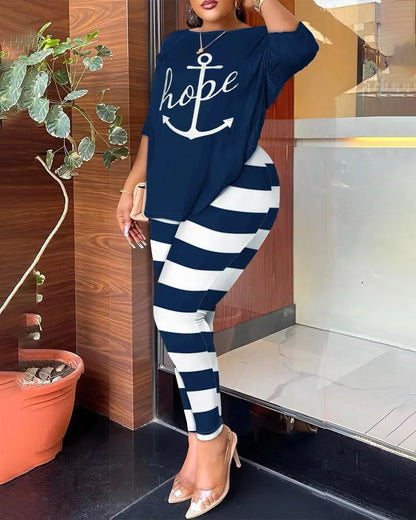 Autumn Women's Clothing New Fashion Print Sexy Backless Round Neck Five Quarter Sleeve Pants Two-piece Casual Comfortable Set