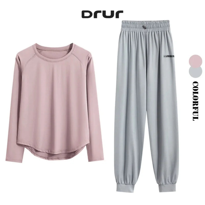 DRUR 2pcs Running Set Women Tracksuit Lightweight Loose Long Sleeve Sport Shirt Pants Sets 2 Piece Sportswear Outfit Gym Clothes.