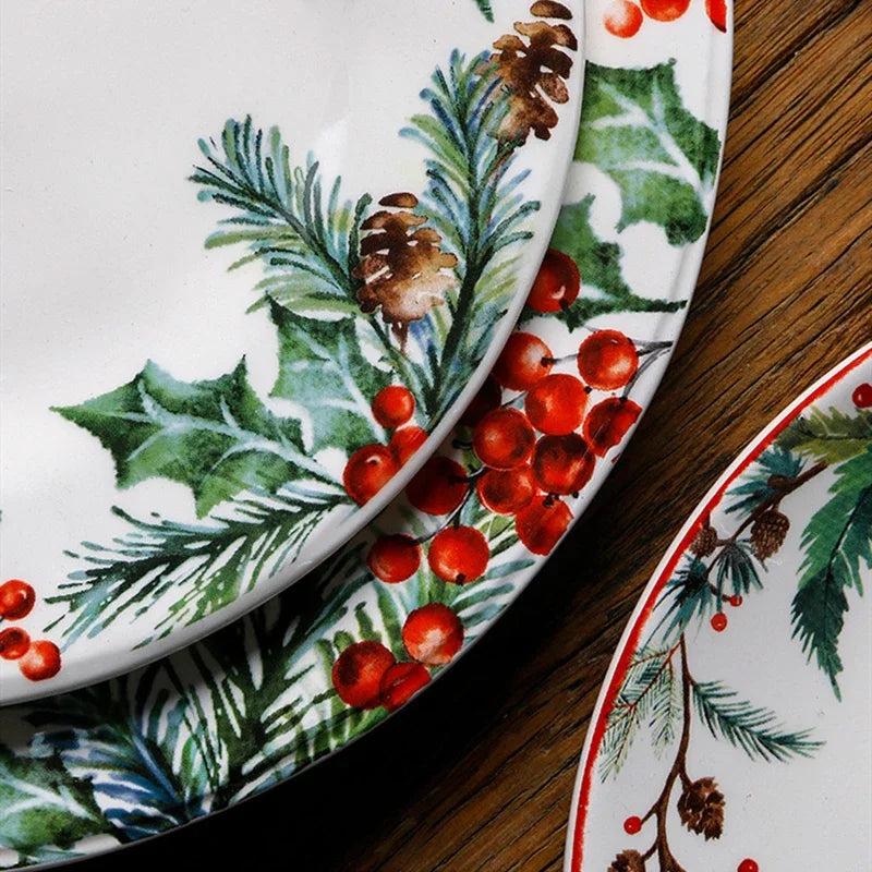 Christmas Ceramic Dinner Plate Set Household Underglaze Flat Round Dim Sum Decorative  Sushi.