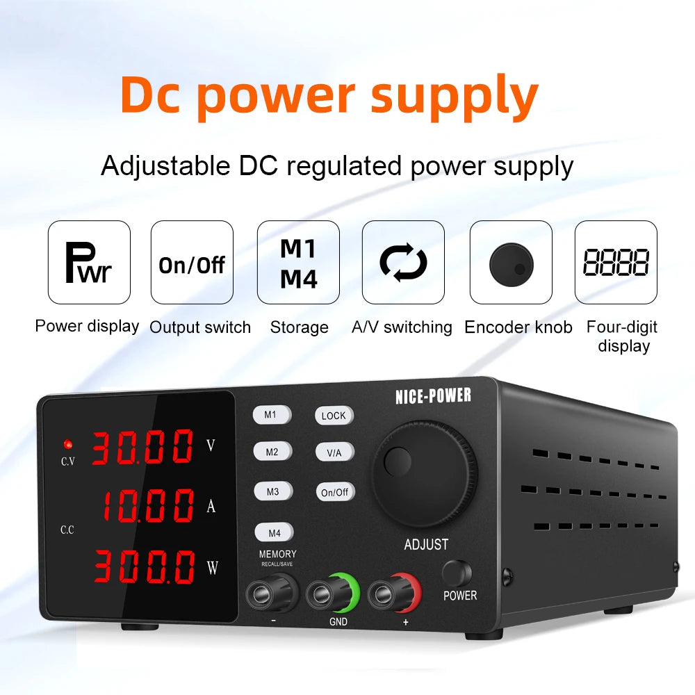 NICE-POWER DC Lab Power Supply 30V 10A 5A Adjustable Power Source For Phone Repairing RS232 USB PC Software Control Data Memory.