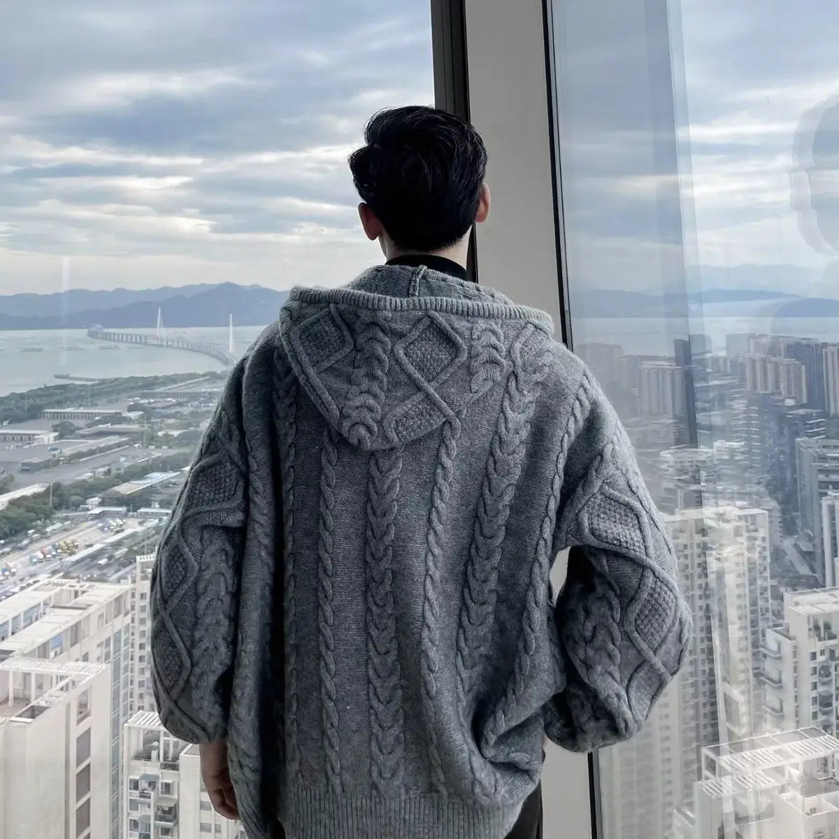 Men's Fashionable Simple Zip-Up Knit Cardigan with Hood - Korean Style Twisted Texture Warm Outerwear for Autumn & Winter.