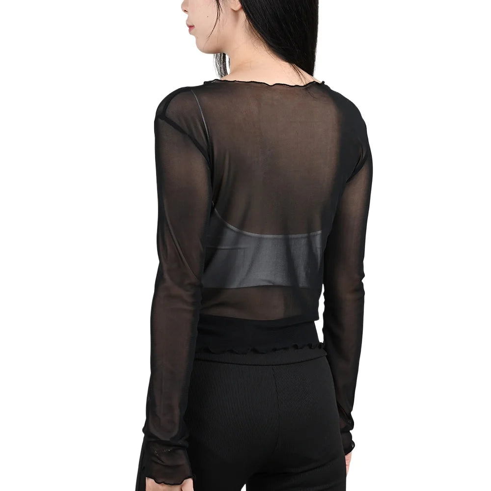 Summer Women Sunscreen T-shirt Girls Sexy Black Mesh Long-sleeved Tops Famale Ice Silk Transparent Sheer Bottom Blouses Shirts.