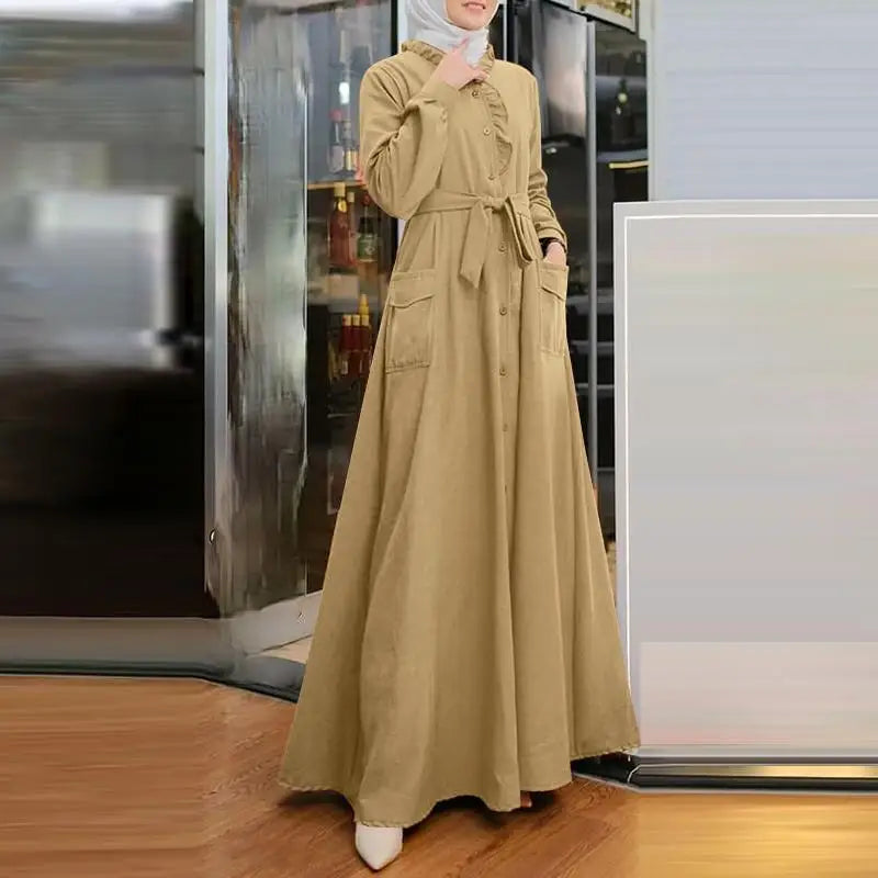 2025 Fashion Arab Style Lace-up Maxi Dress for Women Muslim Abaya Vintage Plain Long Dresses Hijab Islamic Robe Elegante Femme.
