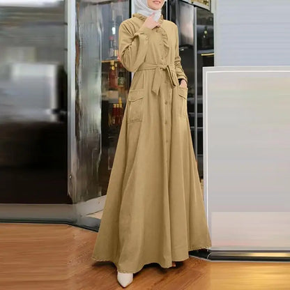 2025 Fashion Arab Style Lace-up Maxi Dress for Women Muslim Abaya Vintage Plain Long Dresses Hijab Islamic Robe Elegante Femme.