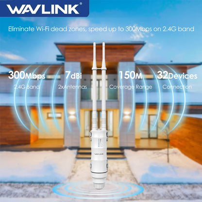 WAVLINK AC300/600/1200 Wireless Outdoor WIFI Router High Power Extender POE Waterproof AP/Repeater 7/8 dBi Directional Antennas.