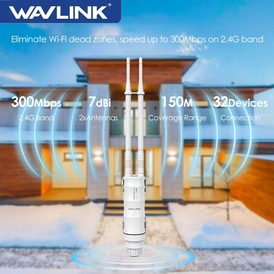 WAVLINK AC300/600/1200 Wireless Outdoor WIFI Router High Power Extender POE Waterproof AP/Repeater 7/8 dBi Directional Antennas.