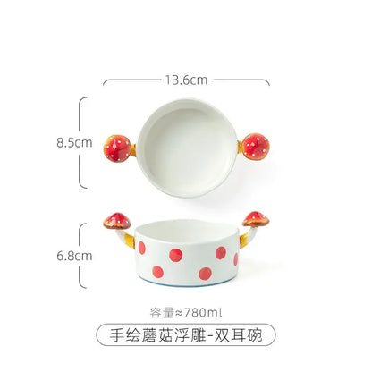 Ceramic Mushroom Western Steak Plate Embossed Amphora Noodle Soup Bowl Cartoon Cute Coffee Cup Home Fruit Dessert Salad Dishes.