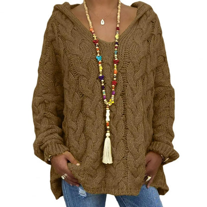 Mit kapuze V-ausschnitt Mit Langen Ärmeln Twist Gestrickte Hoodie Herbst Winter Einfarbig Lose Pullover Jumper Weibliche Kleidung.