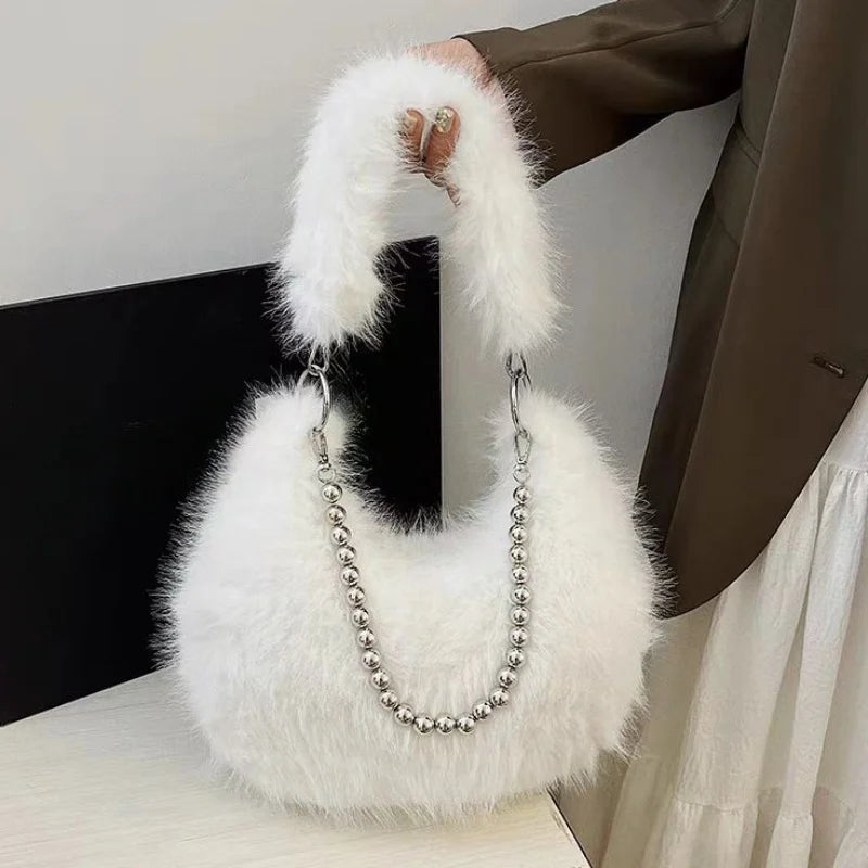Luxurious Faux Fur Tote Bag Chic Underarm Shoulder Bag Stylish Handbag & Purse with Pearl Chain Strap, Polyester Lined Interior.
