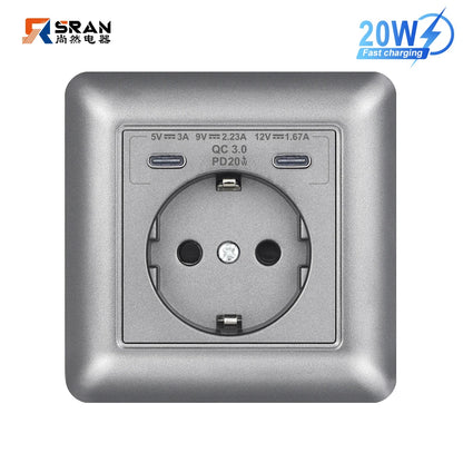 SRAN USB-Wandsteckdose, 20 W, schnelles Laden und 5 V, 2 A, EU-Standard, 82 x 82 mm, flammhemmendes PC-Panel, USB-Typ-C-Kombination.