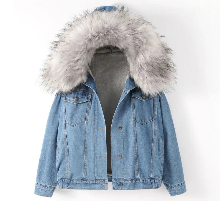 Mit kapuze Denim Mäntel Taschen Einreiher Jacke 2024 Herbst Winter Oberbekleidung Dicke Warme Bequeme Frauen Casual Mantel.