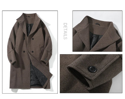 Korean Trend Men's Lapel coat Loose  Casual Double-breasted Overcoat Autumn Winter Fashion New Long Sleeve Woolen Coat.