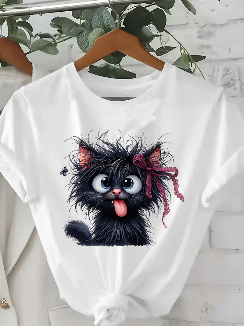Lustiges Fried Cat Cartoon-T-Shirt für Damen mit verspielter Schleife, Schmetterlingsdruck, lässiges Kurzarm-T-Shirt für Damen, Kleidung, Top-T-Shirt