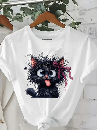 Lustiges Fried Cat Cartoon-T-Shirt für Damen mit verspielter Schleife, Schmetterlingsdruck, lässiges Kurzarm-T-Shirt für Damen, Kleidung, Top-T-Shirt