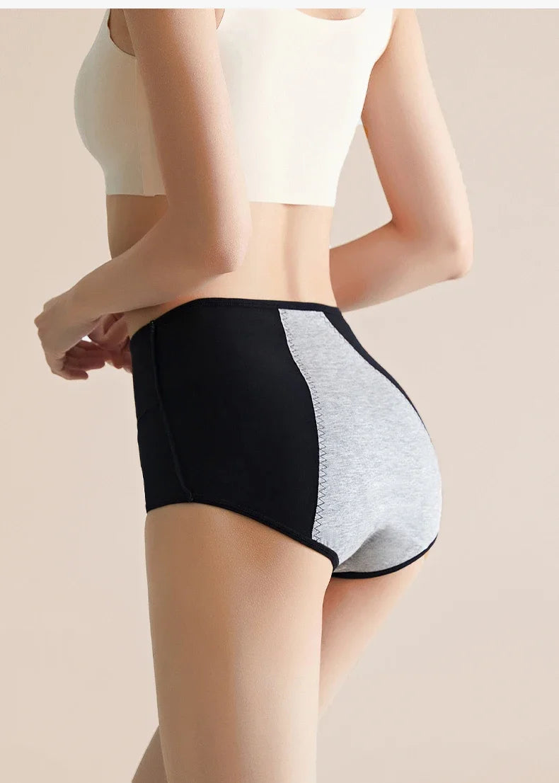High Waist Period Underwear for Women | Cotton Leak Proof Panties | Anti-Overnight Flow | Plus Size M-4XL (Black/Beige).