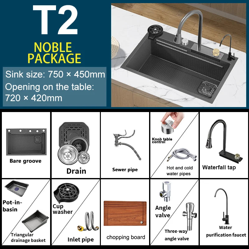 Large Single Slot Embossed Stainless Steel Waterfall Kitchen Sink  Household Wash basin Dishwashing  Sink For Kitchen