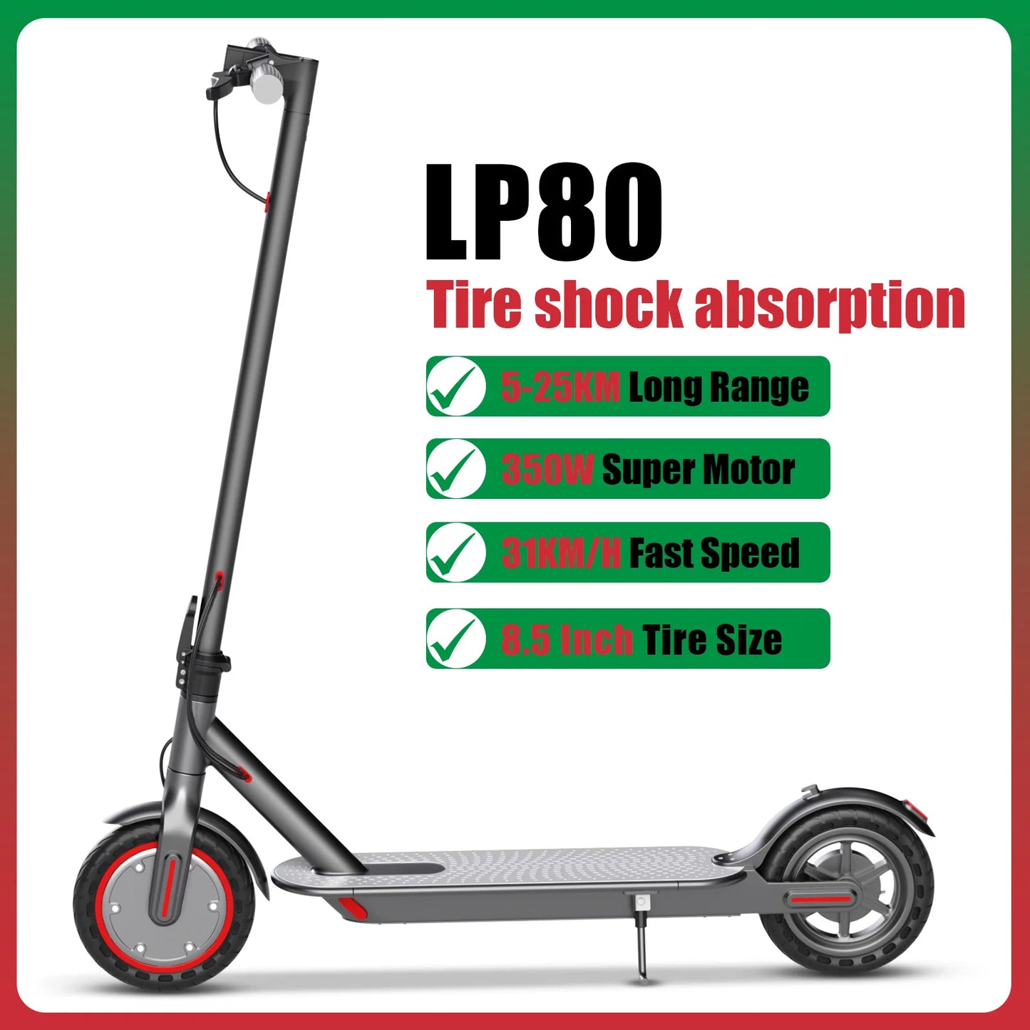 LP80 350W Electric Scooter with Dual Brake 8.5" Anti-skip Tire 25KM Max Range Smart App Electric Scooter 31KM/H 36V10.5A Battery.