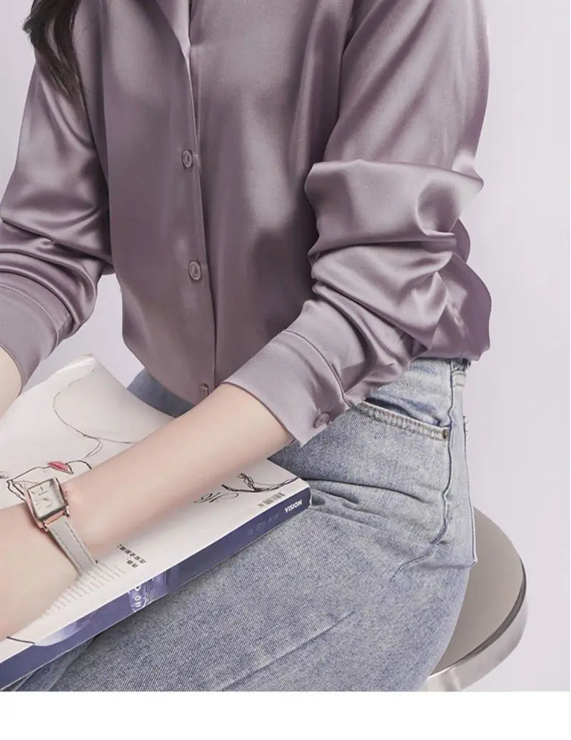 Spring Summer Casual Women's Satin Shirt Lapel Long Sleeve Blouse Loose Solid Color Office Lady Fashion Shirts Top.