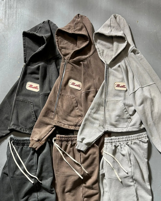 Casual Fashion American Solid Color Cotton Oversized Sweatshirt Men Two Piece Harajuku Joker Slacks Jogging Pants Tracksuits.