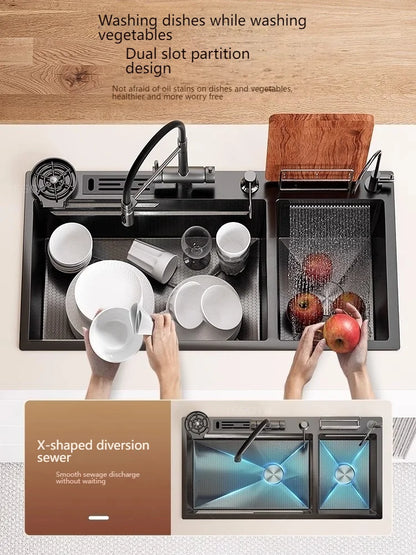 Stainless Steel Kitchen Sink Large Double Slot Waterfall Outlet Convenient for Dish and Vegetable Washbasin