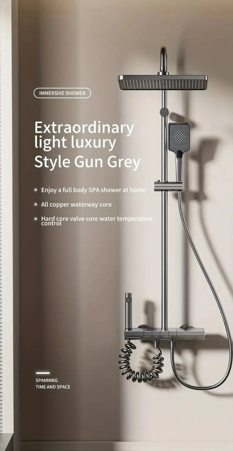 Bathroom Luxury Shower System with Tempered Glass Piano Key Smart Digital Display Thermostat Mixer Shower Faucet Full Set