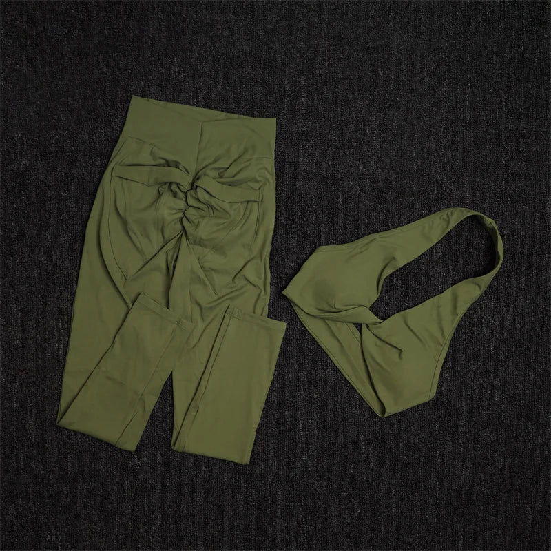 TRY TO BN Yoga Sports Sets Women's Tracksuit Sexy Back Pocket Hanging Neck Bras Fitness Leggings Sportswear Workout Gym Clothing.