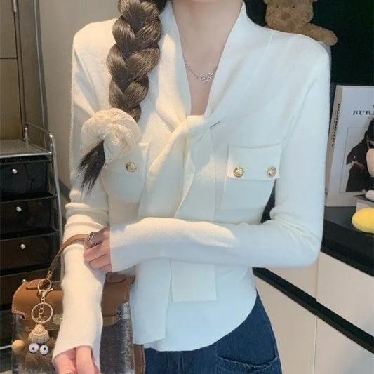 Frauen Frühling Herbst Einfachheit Büro Dame V-ausschnitt Einfarbig Langarm Strickwaren Damen Mode Alle-spiel Temperament Tops