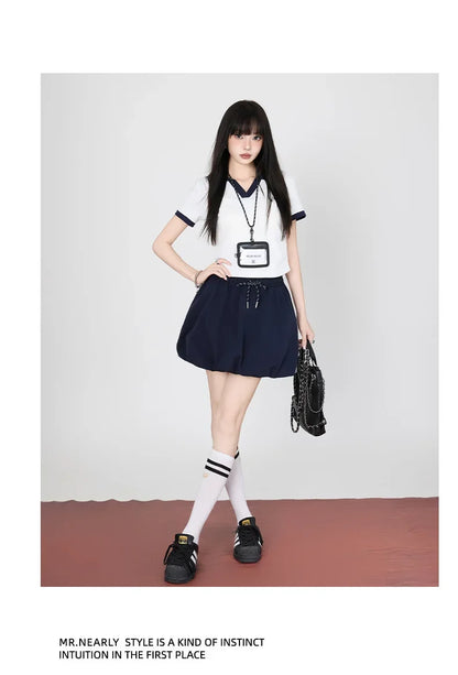 Korean College Style Half-length Shorts Floral Pants White Short-sleeved Set 2025 Versatile New Model Cotton V-neck T-shirt.