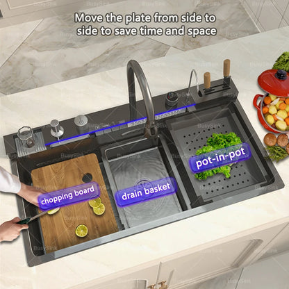 Stainless Steel Kitchen Sink With Waterfall Cup Washer Knife Rack Embossed Extra Large Single Slot Apartment Left Side Drainage