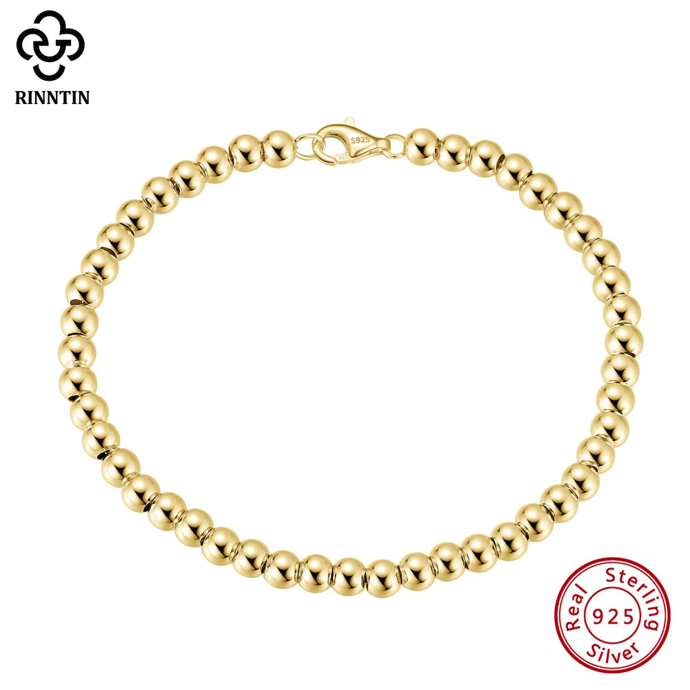 Rinntin 14K Gold 925 Sterling Silver 4mm Bead Ball Strand Chain Bracelet for Women Trendy Handmade Bracelets Jewelry SB103.