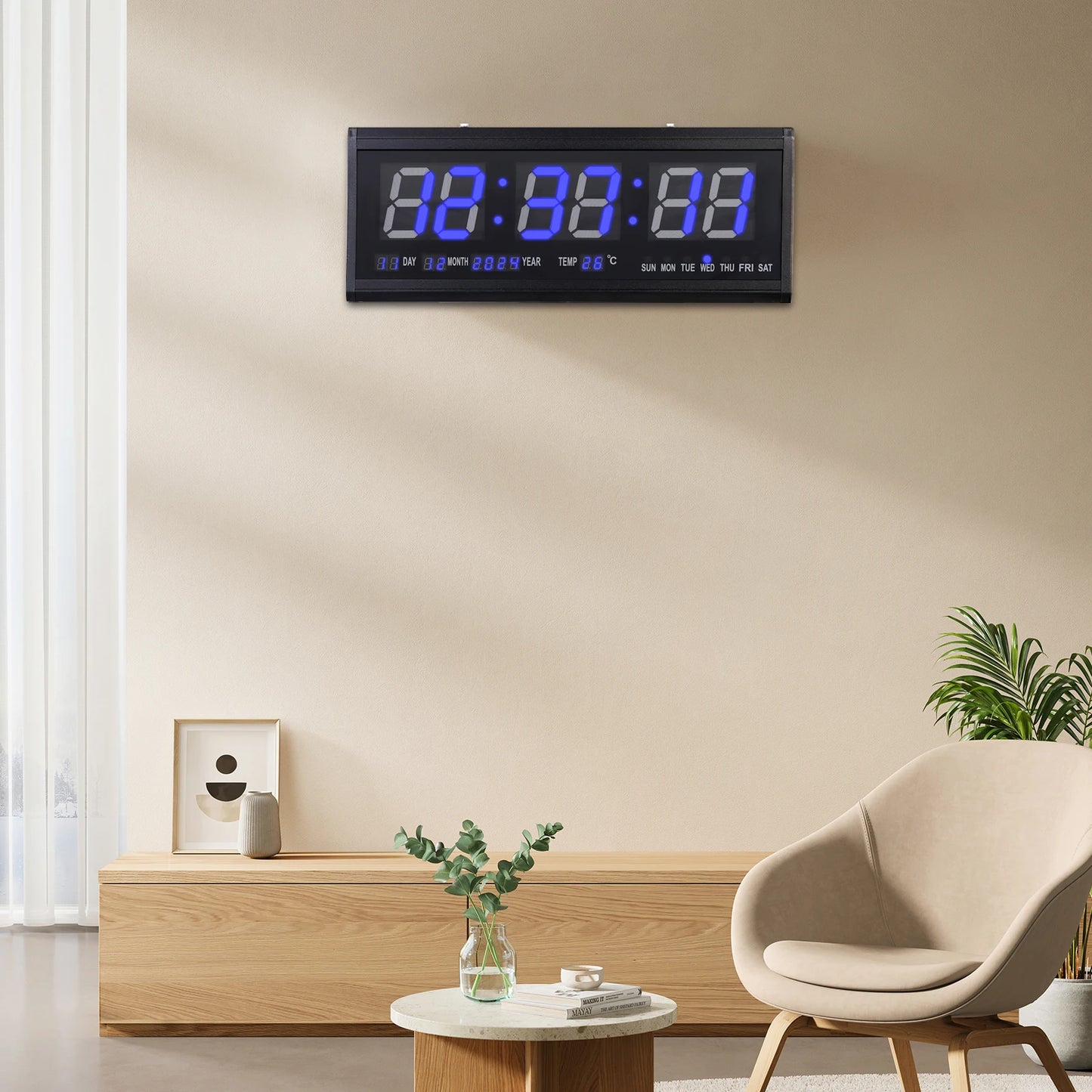 220 V große LED-Digital-Wanduhr, Zeit, Temperatur, Datum, Woche, Anzeige, automatischer Dimmer, leuchtende, leise Tischuhr, Wanduhr, 48 x 19 cm