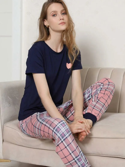 Zweiteilige Damen New Style Love Pattern Kurzarm Bluse Plaid Hose Casual Pyjamas Home Anzug