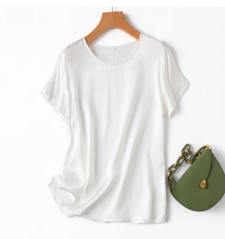 Women 100% Mulberry Silk 19 Momme half sleeve Crew Neck Top Shirt Blouse T-shirt More Colors M L XL MM4270